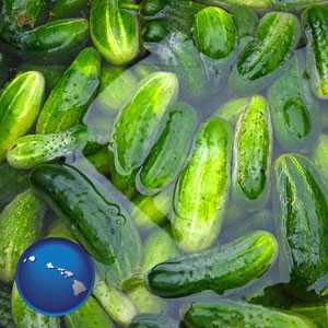cucumber pickles processed in brine - with Hawaii icon