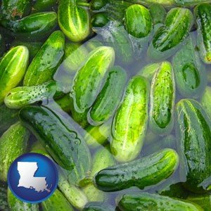 cucumber pickles processed in brine - with Louisiana icon