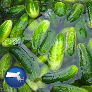 cucumber pickles processed in brine - with Massachusetts icon
