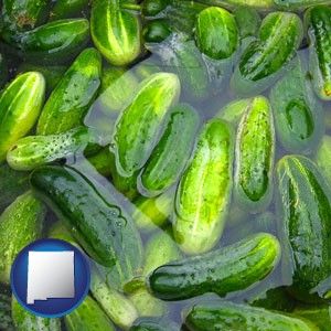 cucumber pickles processed in brine - with New Mexico icon