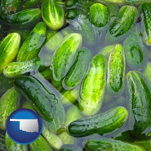 cucumber pickles processed in brine - with Oklahoma icon