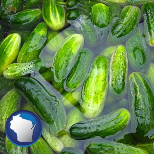 cucumber pickles processed in brine - with Wisconsin icon