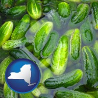 new-york map icon and cucumber pickles processed in brine